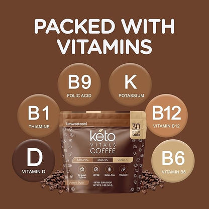 Keto Vitals Instant Keto Coffee Powder - Low-Calorie Unsweetened Instant Coffee Packets, Single Serve - Keto Coffee Instant Mix in Original, Vanilla, & Mocha Flavors - 30 Count