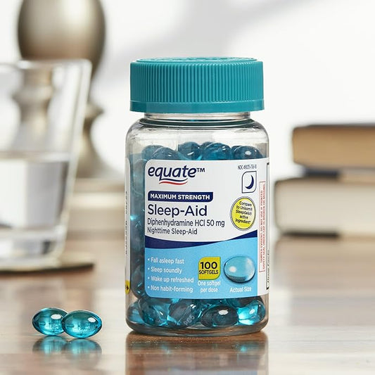 Diphenhydramine 50mg- Equate softgels Maximum Strength 100ct (Pack 1), Boxed