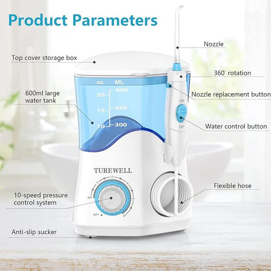 TUREWELL Water Dental Flosser for Teeth/Braces, 8 Jet 10 Pressure 600ML Large
