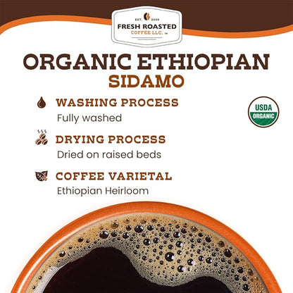 Fresh Roasted Coffee, Fair Trade Organic Ethiopian Sidamo, 2 lb (32 oz), Light Roast, Kosher, Whole Bean