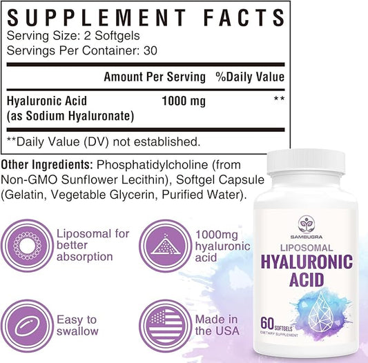 Liposomal Hyaluronic Acid 1000mg, High BioavailabilityHyaluronic Acid Capsules, Dietary Supplement Support Skin and Joint Lubrication, 180 Capsules (Pack of 3)