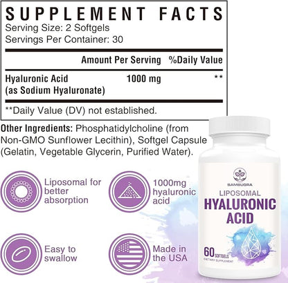 Liposomal Hyaluronic Acid 1000mg, High BioavailabilityHyaluronic Acid Capsules, Dietary Supplement Support Skin and Joint Lubrication, 240 Capsules (Pack of 4)