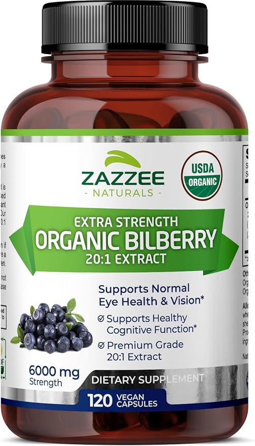 Zazzee USDA Organic Bilberry 20:1 Extract, 6000 mg 120 Vegan 4 Month 20X Extract, 100% Vegetarian,