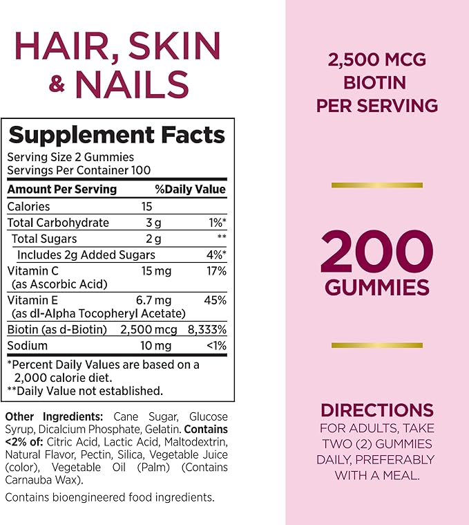 Nature's Bounty Optimal Solutions Hair, Skin and Nails Gummies with Biotin, 25000 mcg, Strawberry Flavored, 200 Count (Pack of 2)