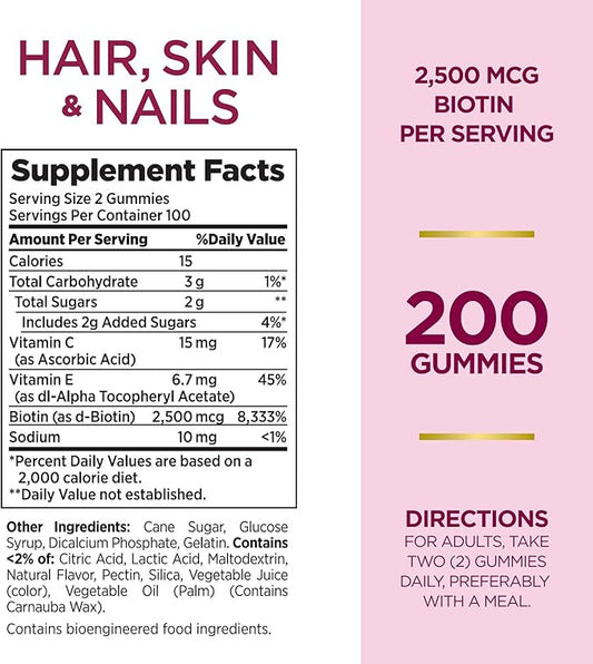 Nature's Bounty Optimal Solutions Hair, Skin and Nails Gummies with Biotin, 25000 mcg, Strawberry Flavored, 200 Count (Pack of 2)