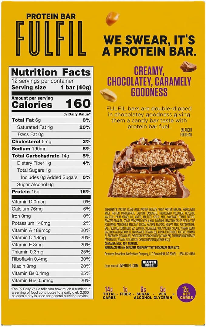 FULFIL Protein Snack Bars, Chocolate Peanut Caramel, 15g Protein, Pantry Staples, 12 Count