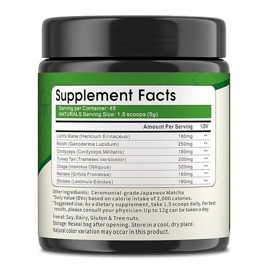 Mushroom Matcha Powder, Japanese Ceremonial Matcha Infused With 7 Superfood Mushrooms, MCT Oil, Coconut Milk Powder, Natural, Gluten Free, Taste Great Matcha Latter 8 Oz(45 Servings)