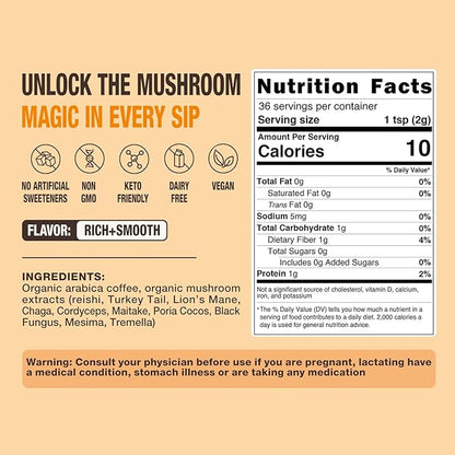 Organic Mushroom Coffee – 30% Beta-Glucans, Arabica Instant Coffee Infused with Fungipure™ Mushrooms - Lions Mane, Reishi, Turkey Tail, 72 Grams - 36 Servings