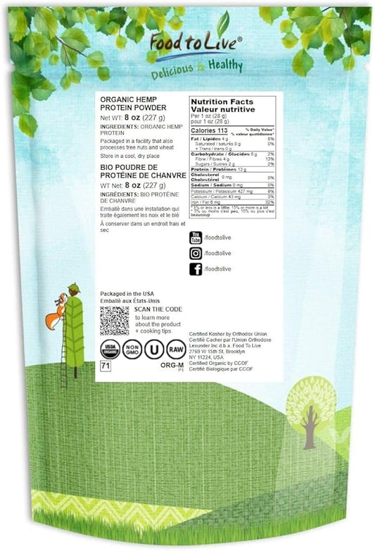 Food to Live Organic Hemp Protein 8 Ounces 50% Protein,