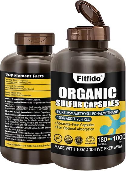 MSM Organic Sulfur Capsules, Premium MSM Supplement, Used for Joint Health and Functional Wellness, Hair, Skin, Nails, Non-GMO, Gluten Free, 1 Bottle Pack(180 Count)