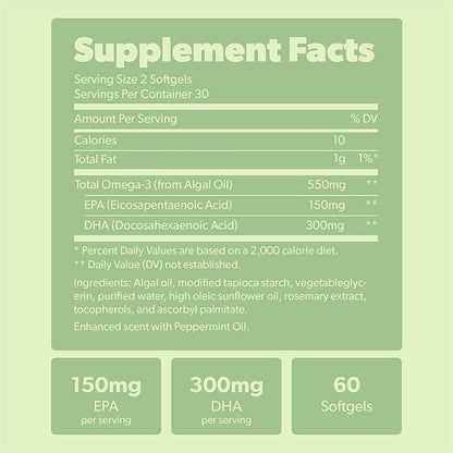 Vegan Omega 3 Supplement - Plant Based DHA & EPA Fatty Acids - Carrageenan Free, Alternative to Fish Oil, Supports Heart, Brain, Joint Health - Sustainably Sourced Algae - 60 Softgels