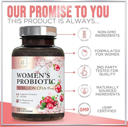 Probiotics for Women 90 Billion CFU, 16 Probiotic Strains with Cranberry, D-Mannose & Prebiotics, for Feminine PH Balance, Vaginal Odor & Digestive Health, Immune Support, Shelf Stable - 120 Capsules