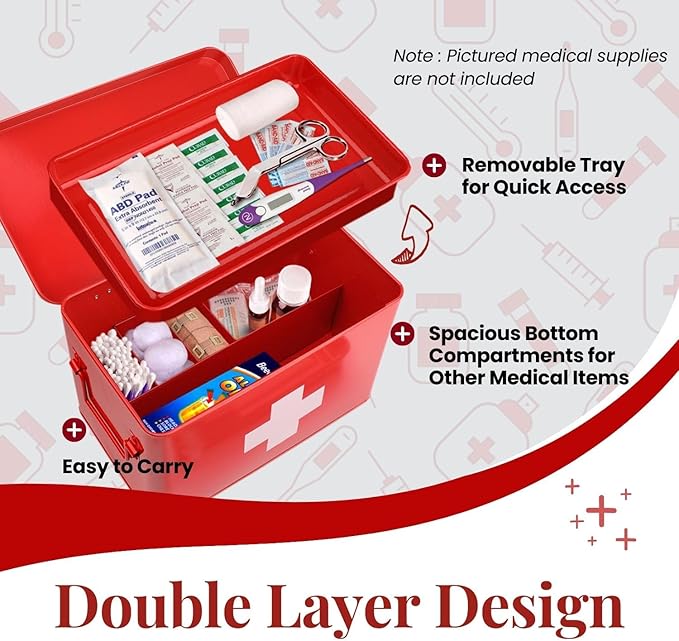 Flexzion First Aid Box Organizer Empty 13" Red
