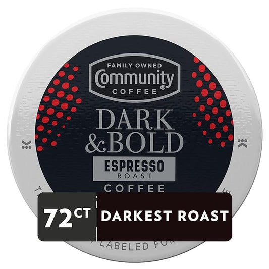 Community Coffee Dark & Bold Espresso Roast Coffee Pods, 72 count, Extra Dark Roast Compatible with Keurig 2.0 K-Cup Brewers, 12 Count (Pack of 6)