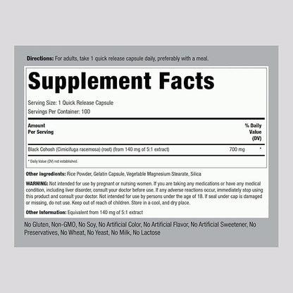 Piping Rock Black Cohosh Root Herb 700 mg 100 Capsules