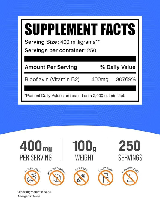 BulkSupplements.com Riboflavin Powder - as Vitamin B2, Vitamin B2 Supplement - Riboflavin 400mg, B Vitamins for Wellness, Gluten Free, 400mg per Serving, 100g (3.5 oz) (Pack of 1)
