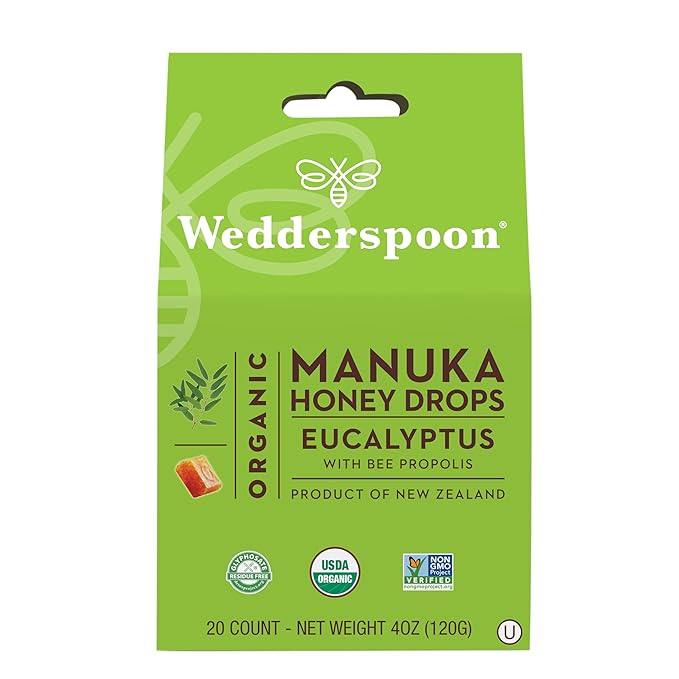 Wedderspoon Organic Manuka Honey Drops, Eucalyptus 20 Count (4oz) (Pack 1)| Genuine