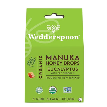 Wedderspoon Organic Manuka Honey Drops, Eucalyptus 20 Count (4oz) (Pack 1)| Genuine
