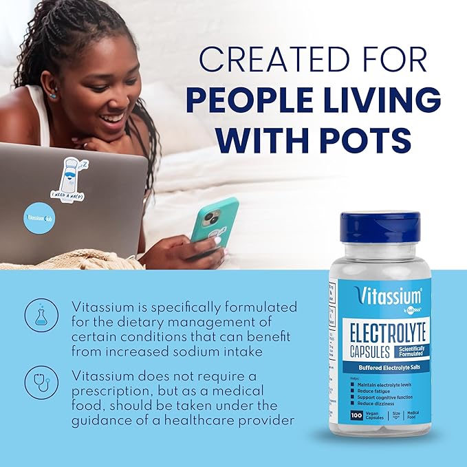 Vitassium Electrolyte Capsules, Electrolytes for The Management of POTS and High Sodium Diets (500mg Sodium - 100mg Potassium), Unflavored, 200 Salt Pills (Size 0)