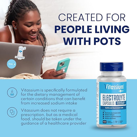 Vitassium Electrolyte Capsules, Electrolytes for The Management of POTS and High Sodium Diets (500mg Sodium - 100mg Potassium), Unflavored, 200 Salt Pills (Size 0)