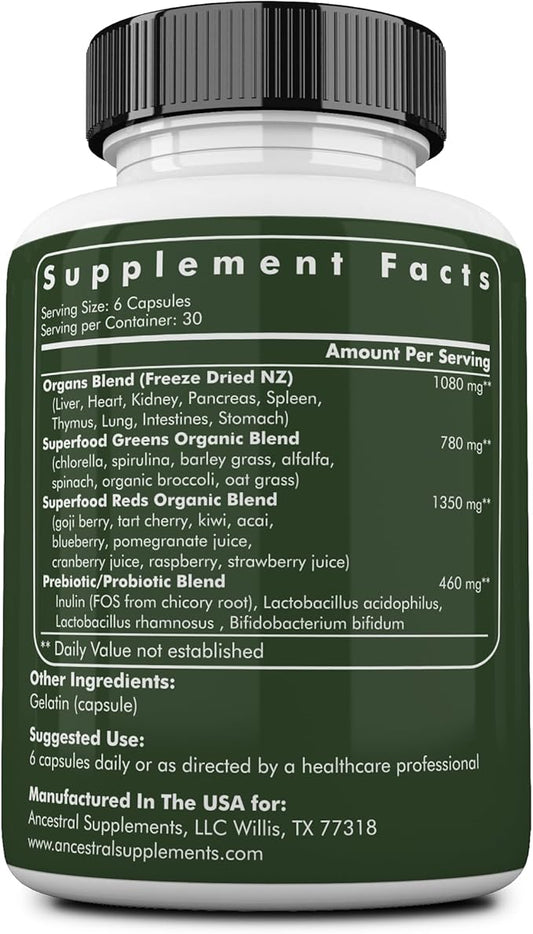 Ancestral Supplements Greens Powder Capsules, Organic Superfood Greens & Reds Blend with Spirulina, Chlorella, Grass Fed Beef Organs, and Probiotics for Gut Health, Non GMO, 615mg Each, 180 Count