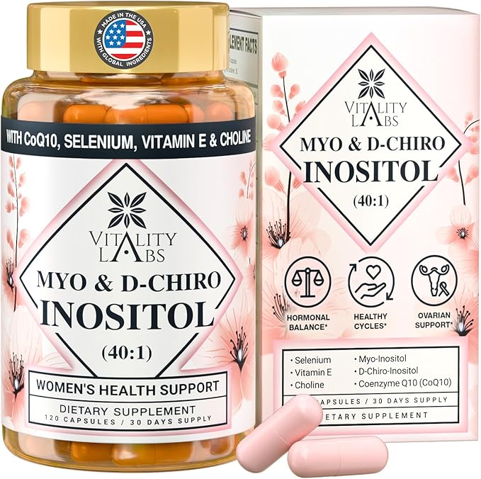 Myo-inositol & D-chiro Inositol Supplement for Women - Ideal 40:1 Ratio Complex for Fertility, Hormonal Balance, Menstrual Cycle & Ovarian Health Support with CoQ10, Choline & Selenium - 120 Capsules