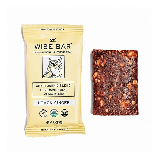 Wise Bar Adaptogen Mushroom Nutrition Bars with Reishi, Lions Mane & Ashwagandha, Organic Vegan & Gluten Free Snacks for Natural Focus, Energy & Immunity Support, Lemon Ginger Flavor, 12 Count