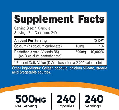 Nutricost Pantothenic Acid (Vitamin B5) 500mg, 240 Capsules