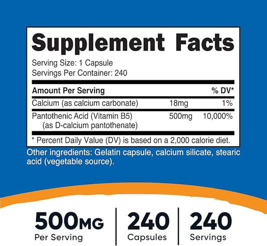 Nutricost Pantothenic Acid (Vitamin B5) 500mg, 240 Capsules
