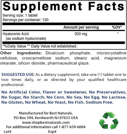Best Naturals Hyaluronic Acid 200 mg 120 Tablets (120 Count 2))