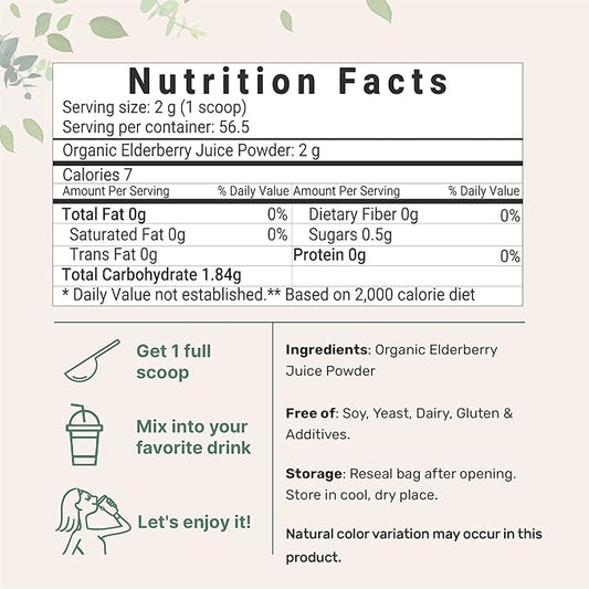 Organic Elderberry Juice Powder, 4oz 100% Natural