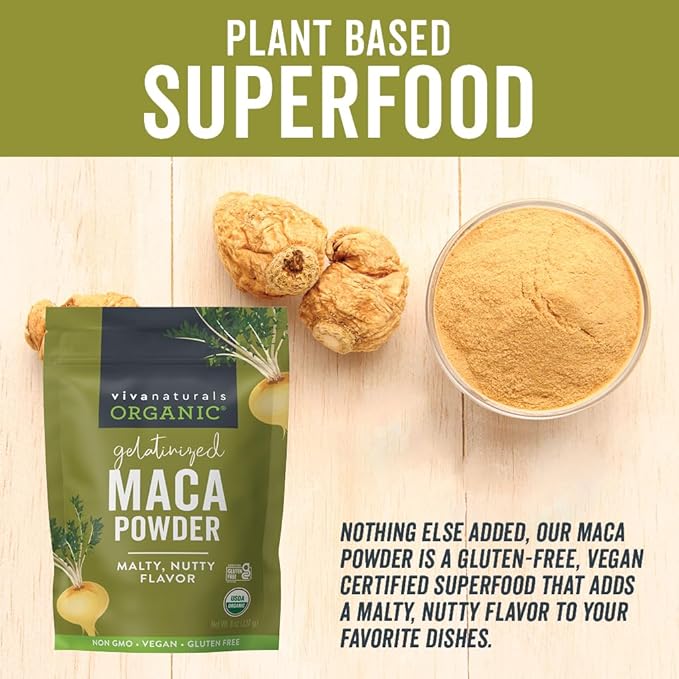 Viva Naturals Organic Maca Powder - Gelatinized Maca Powder Organic, Vegan and Kosher Peruvian Superfood - Certified USDA Organic, Gluten-Free & Non-GMO, 8 oz Resealable Bag