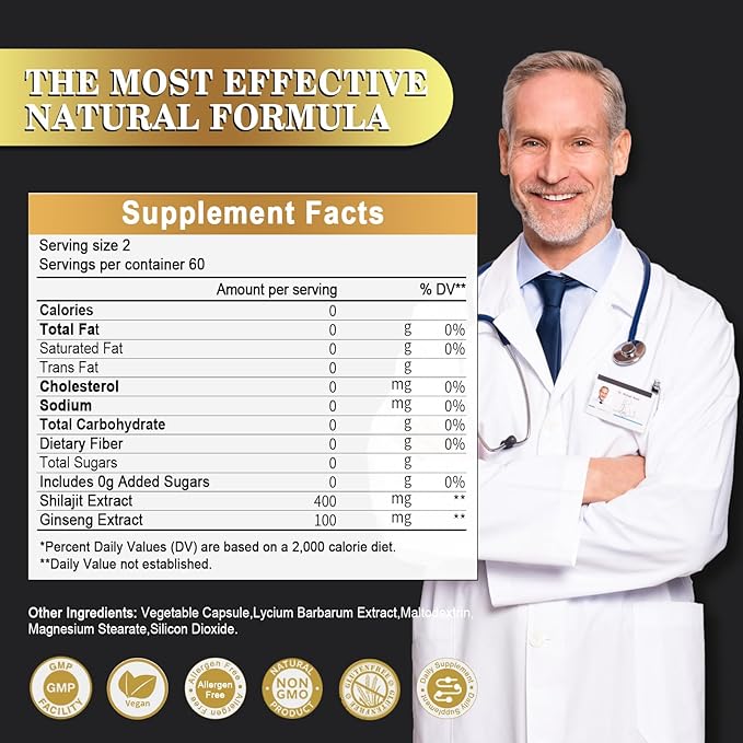 Shilajit 400mg with Ginseng, Maximum Potency 120 Count