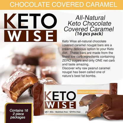 Keto Wise Fat Bombs - Made with Chocolate containing MCT Oil - Low Fat, Low Carb and Keto Friendly Snack - 8g Fat, 2g Net Carbs | Chocolate Covered Caramels, 2 Count (Pack of 16)