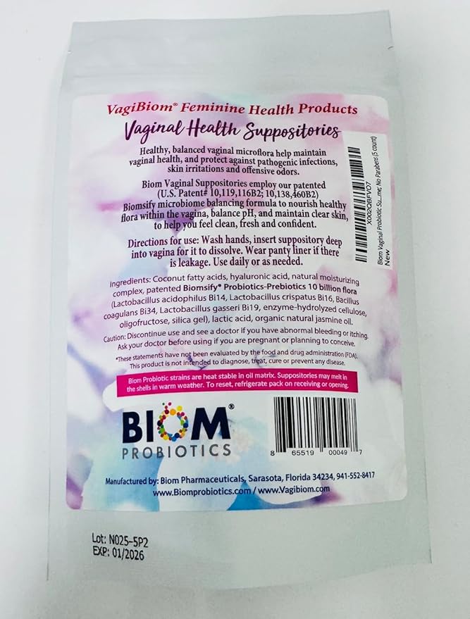 Biom Vaginal Probiotic Suppository: Natural Vaginal pH and Odor Control Regimen; Balance and Nourishes Vaginal Microbiome; No Parabens (5 Count)