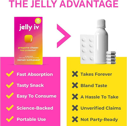 JellyIV Pregame Chaser for Morning Recovery, Plant-Based Instant Hydration Packets with Liver Protection | 15-Count Pack