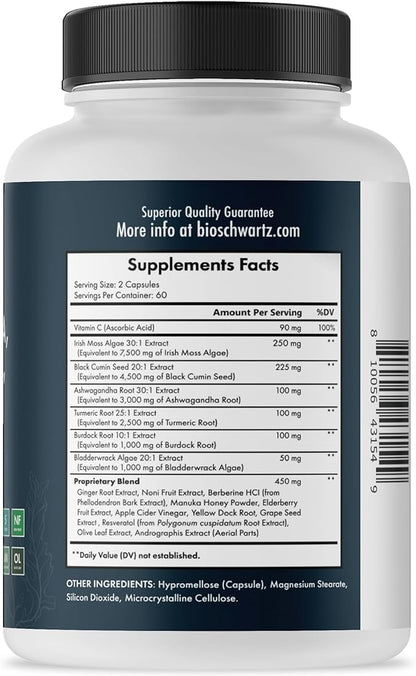 BioSchwartz Sea Moss Black Seed Oil Ashwagandha Ginger Supplement with Turmeric Berberine HCI Burdock Bladderwrack Resveratrol Elderberry Manuka Honey Apple Cider Vinegar ACV - 120 Sea Moss Capsules