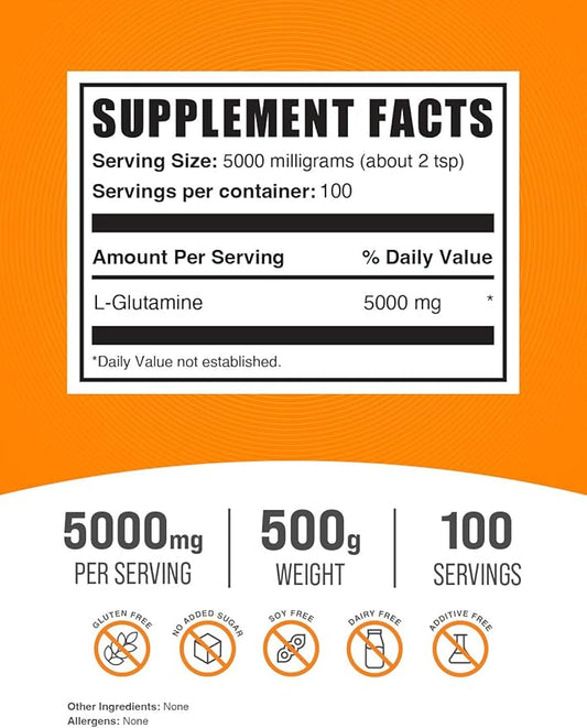 BulkSupplements.com L-Glutamine Powder - Glutamine Supplement, L-Glutamine 5000mg, L Glutamine Powder - Unflavored & Gluten Free, 5000mg per Serving, 500g (1.1 lbs) (Pack of 1)