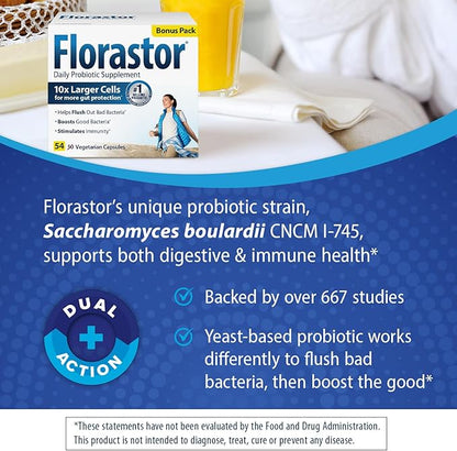 Florastor Probiotics for Digestive and Immune Health, 54 Capsules, Probiotics for Women & Men, Helps Flush Out Bad Bacteria, Boosts The Good with Our Strain Saccharomyces Boulardii, Packaging May Vary