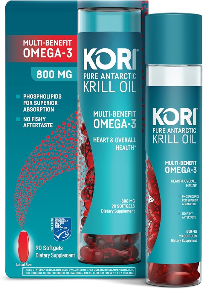 Kori Krill Antarctic Krill Oil Omega 3 Supplement, 800 mg, 90 softgels