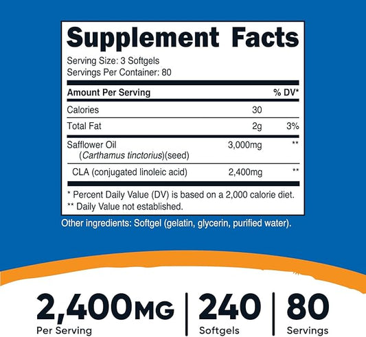 Nutricost CLA (Conjugated Linoleic Acid) 2,400mg, 240 Softgels - Gluten Free, Non-GMO, 800mg Per Softgel