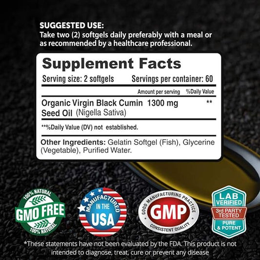 FRESH HEALTHCARE Black Seed Oil Capsules Cold Pressed 1300mg - 100% Pure Non-GMO Nigella Sativa - Immune & Joint Support - Premium Softgel Supplement