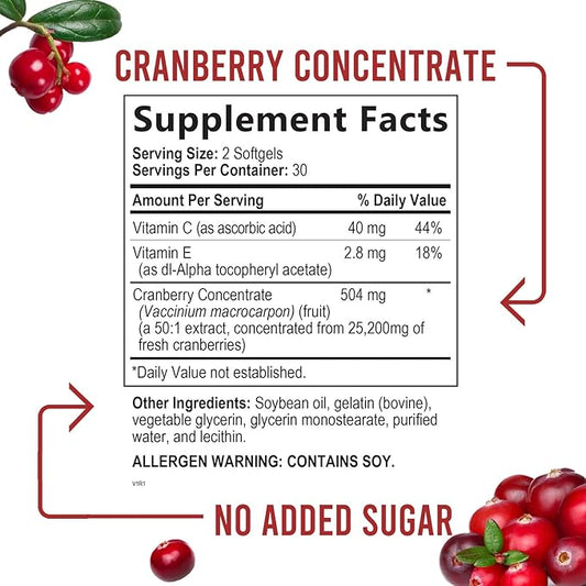 Cranberry Concentrate Extract Supplement for Women 25,200mg Formula 60 Softgels