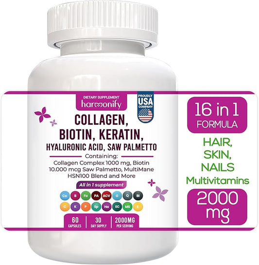 Collagen Biotin Keratin Saw Palmetto Hyaluronic 16 in 1 Capsules, 1000 mg