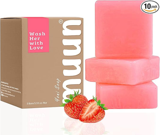 Muun Strawberry Yoni Soap Bar - Pack 3 pH Balancing Cleanser - Probiotics & Natural Ingredients - Gentle Cleansing Formula Eliminates Odor Vaginal Health - Feminine Wash - Moisturizing Intimate