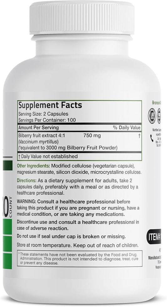 Bronson Bilberry Extra Strength Vaccinium Myrtillus, 200 Vegetarian