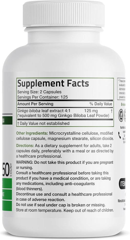 Bronson Ginkgo Biloba Extra Strength Supports Brain Function & Memory Support, 250 Vegetarian Capsules