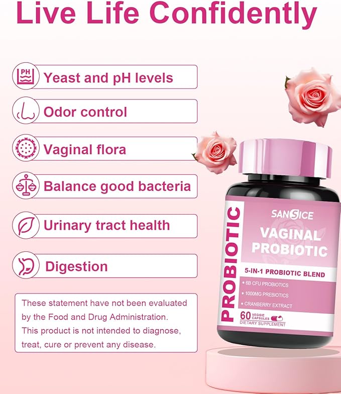Vaginal Probiotics Supplement for Women, 70mg Female V-Probiotic Blend(6B CFU), Lactobacillus with Prebiotic & Cranberry Extract for Vaginal Odor, pH Balance, Organic Prebiotic Supplement(60 Capsules)