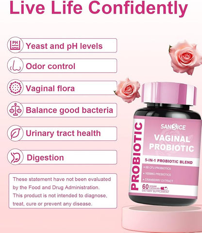 Vaginal Probiotics Supplement for Women, 70mg Female V-Probiotic Blend(6B CFU), Lactobacillus with Prebiotic & Cranberry Extract for Vaginal Odor, pH Balance, Organic Prebiotic Supplement(60 Capsules)