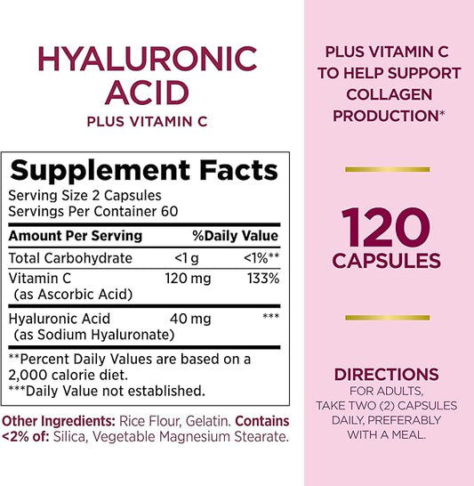 Nature's Bounty Vitamin C and Hyaluronic Acid Supplement, Supports Glowing Skin, Immune Function & Collagen Production, 120 Capsules - 60 Day Supply, Optimal Solutions Supplements for Skin Health